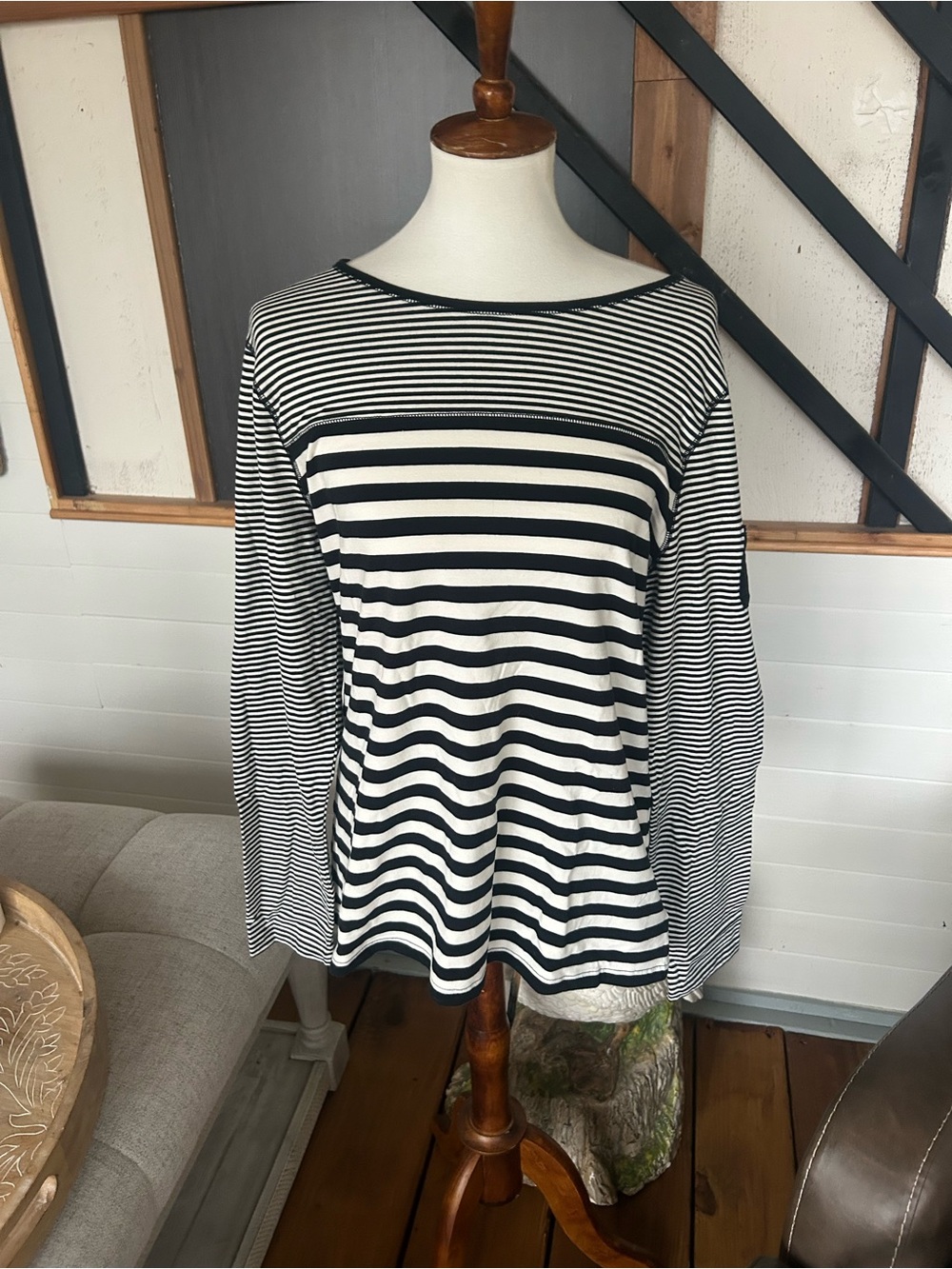 Chaps Black & White Striped Boatneck Long-Sleeve Top